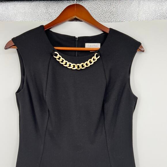 CALVIN KLEIN Solid Black embellished Gold Chain Trim Sheath Dress classic Size 4 - Picture 2 of 8